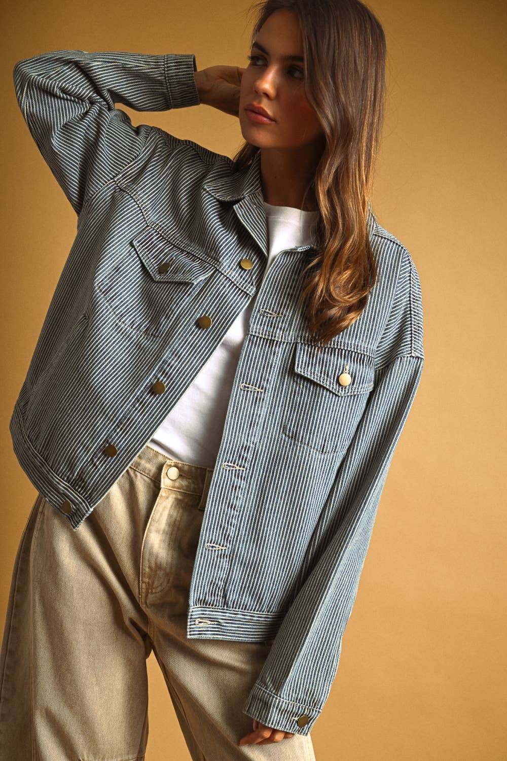 J6309   STRIPED PATTERN DENIM JACKET: INDIGO DENIM