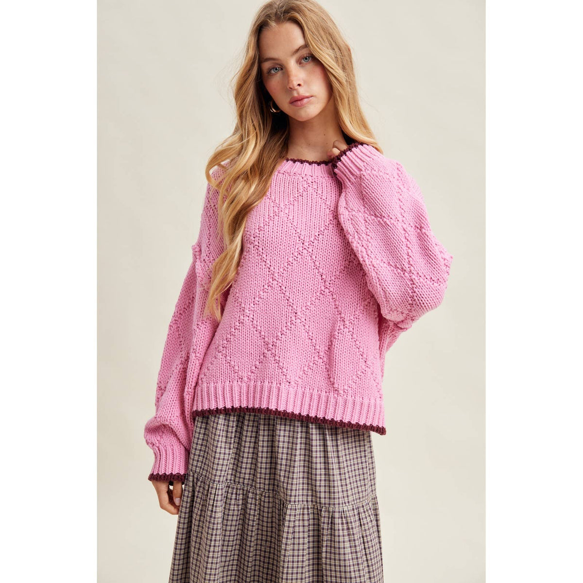 CONTRAST TRIM POINTELLE SWEATER / WL26-13060: HIBISCUS/WINE / M