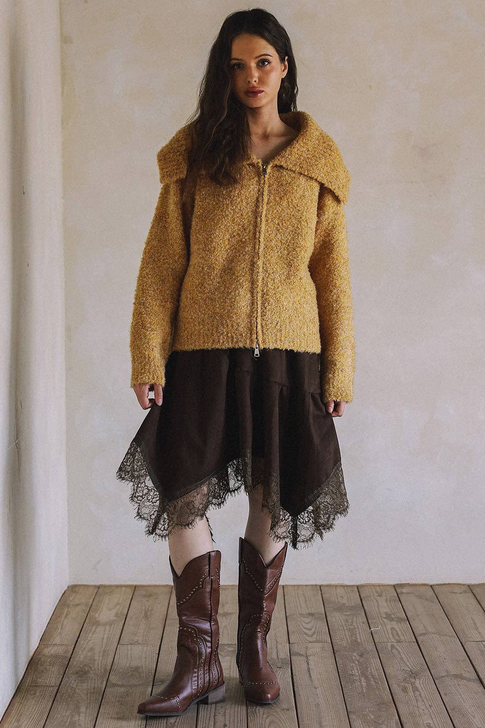 BOUCLE ZIP-UPCARDIGAN SWEATER G0005: MUSTARD / S-M-L/2-2-2