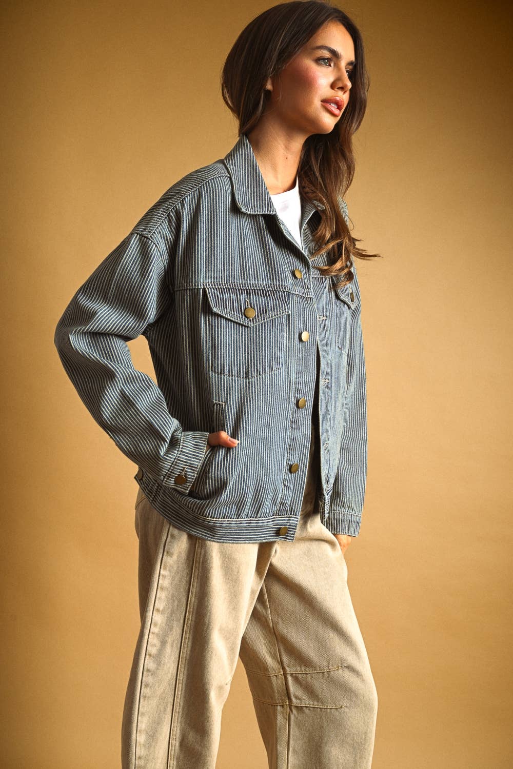 J6309   STRIPED PATTERN DENIM JACKET: INDIGO DENIM