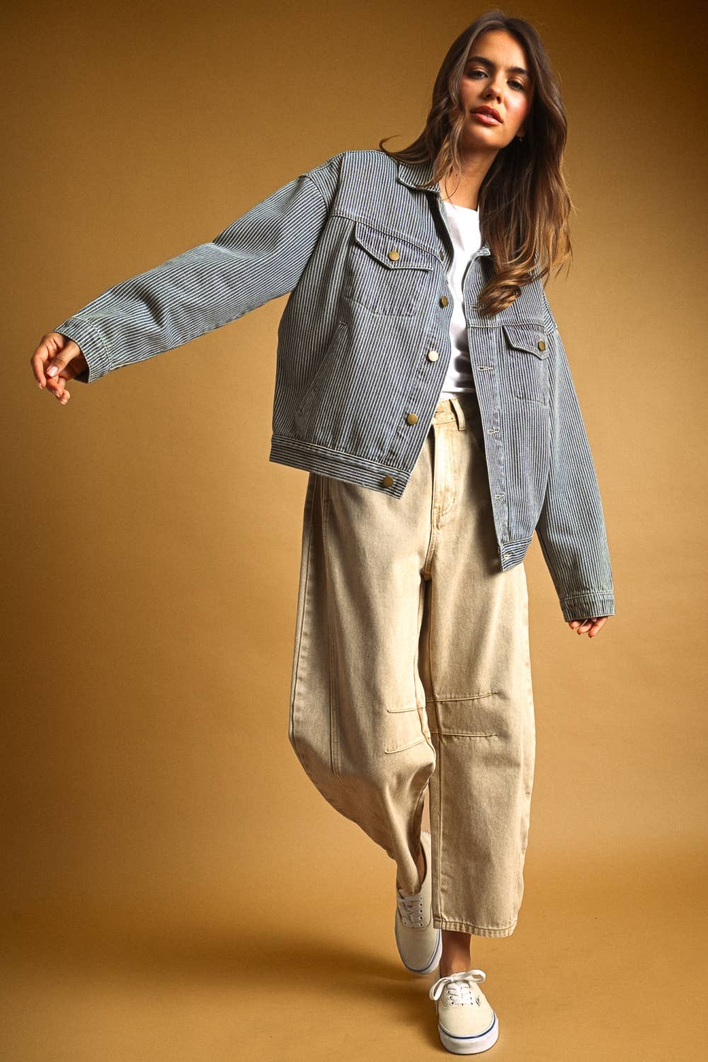 J6309   STRIPED PATTERN DENIM JACKET: INDIGO DENIM