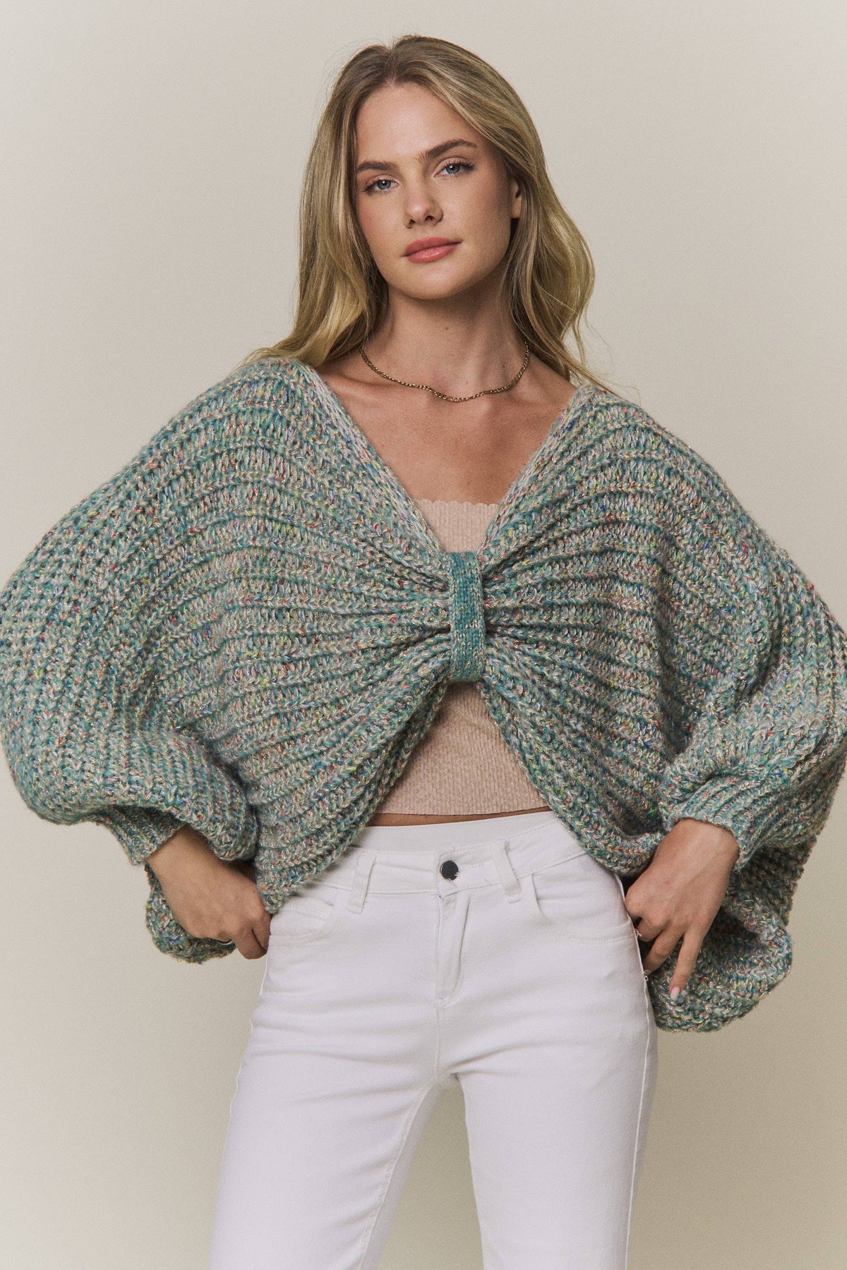 CONVERTIBLE CHUNKY KNIT CINCHED CARDIGAN - CESW4418: COFFEE LATTE / SM-ML(3-3)