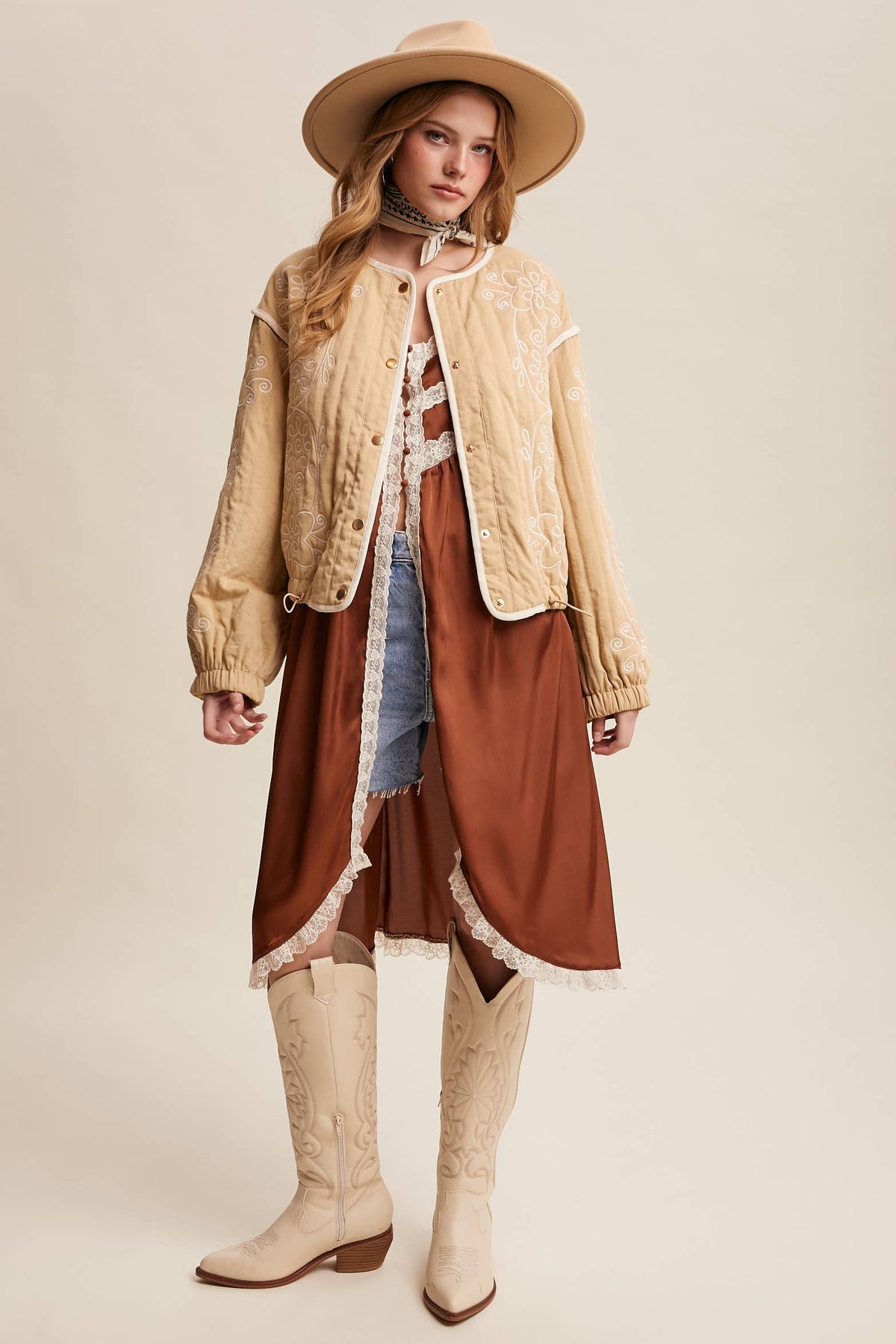 Embroidered Quilted Western Jacket LJ0260: Butter Cream