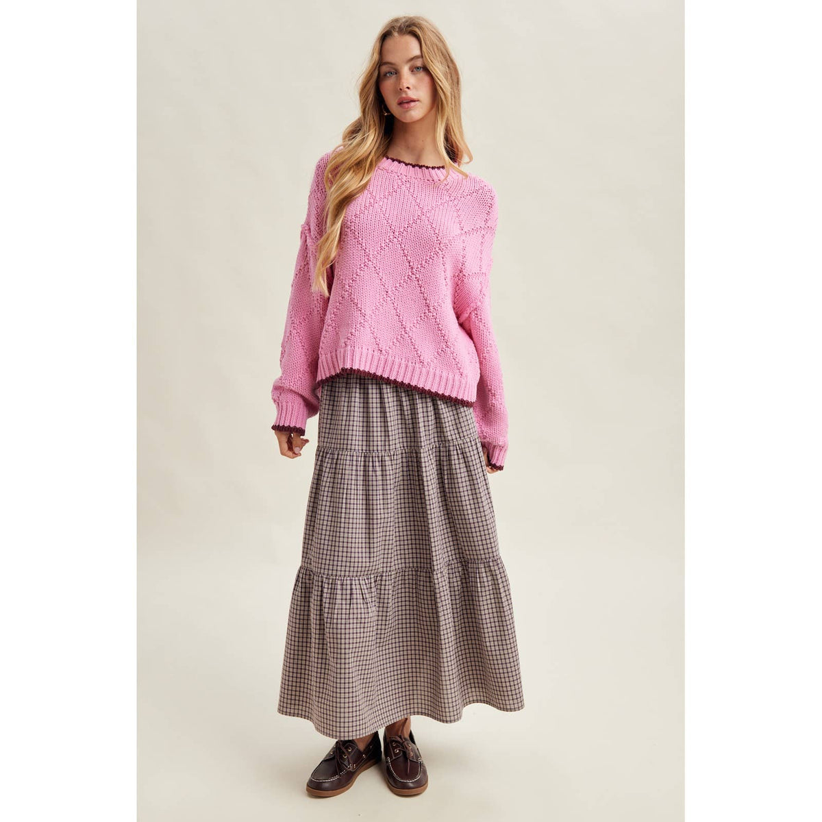 CONTRAST TRIM POINTELLE SWEATER / WL26-13060: HIBISCUS/WINE / M