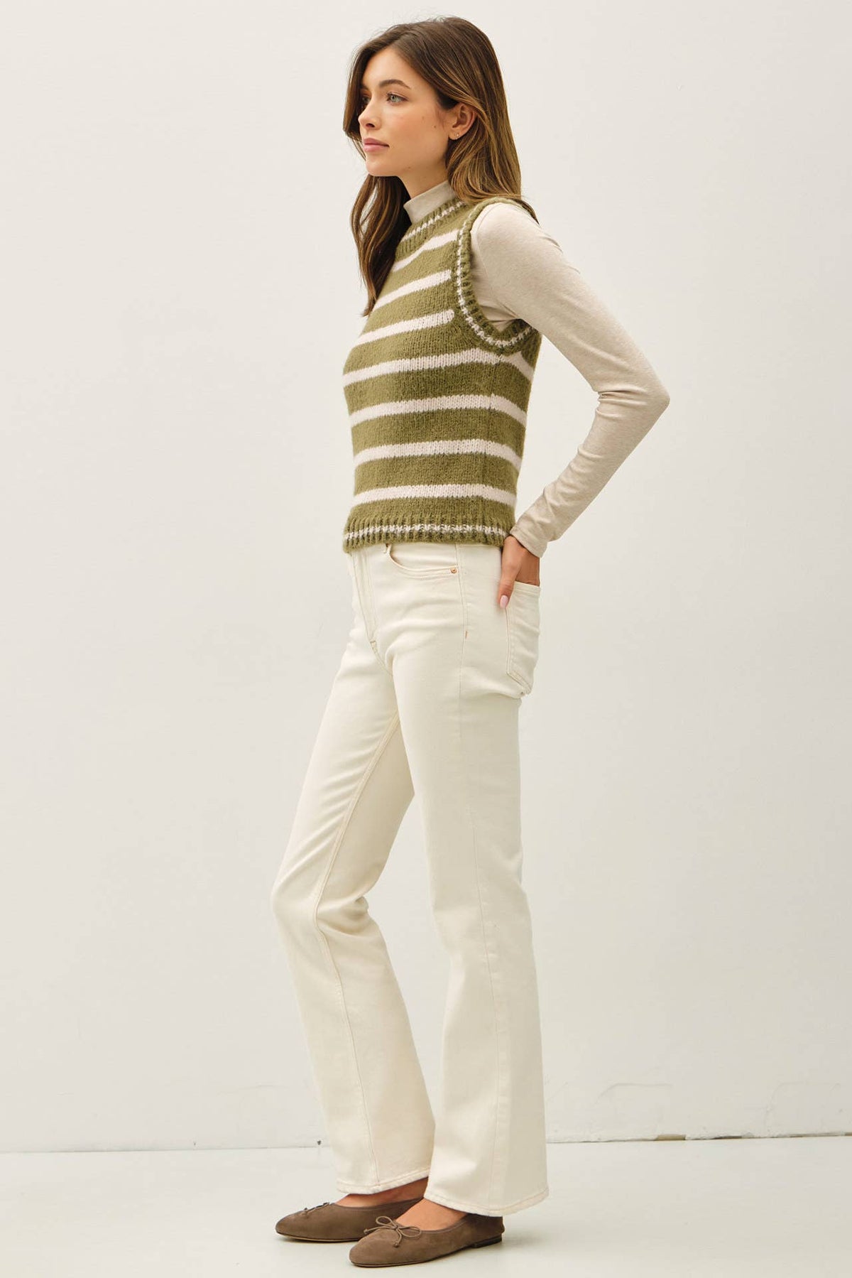 WOOL BLEND STRIPED SWEATER VEST : OLIVE / SM