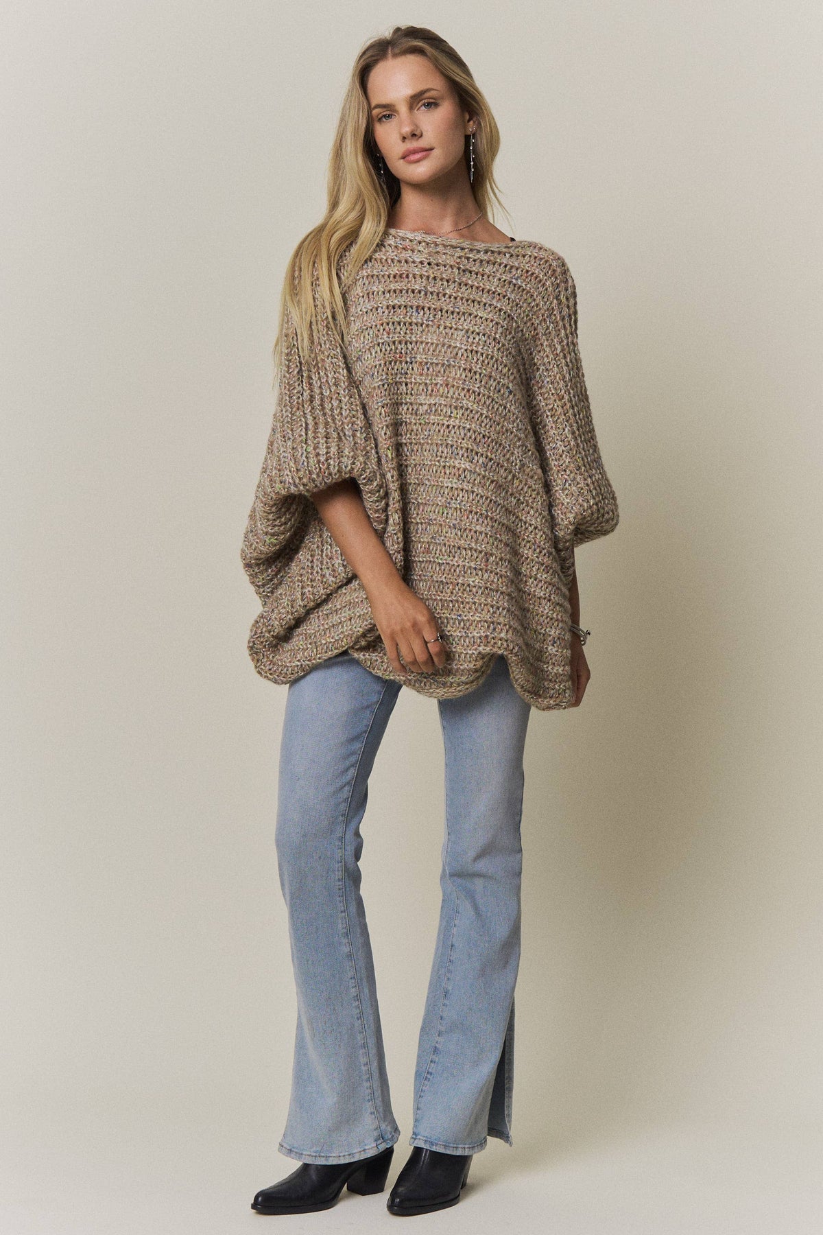 CONVERTIBLE CHUNKY KNIT CINCHED CARDIGAN - CESW4418: COFFEE LATTE / SM-ML(3-3)