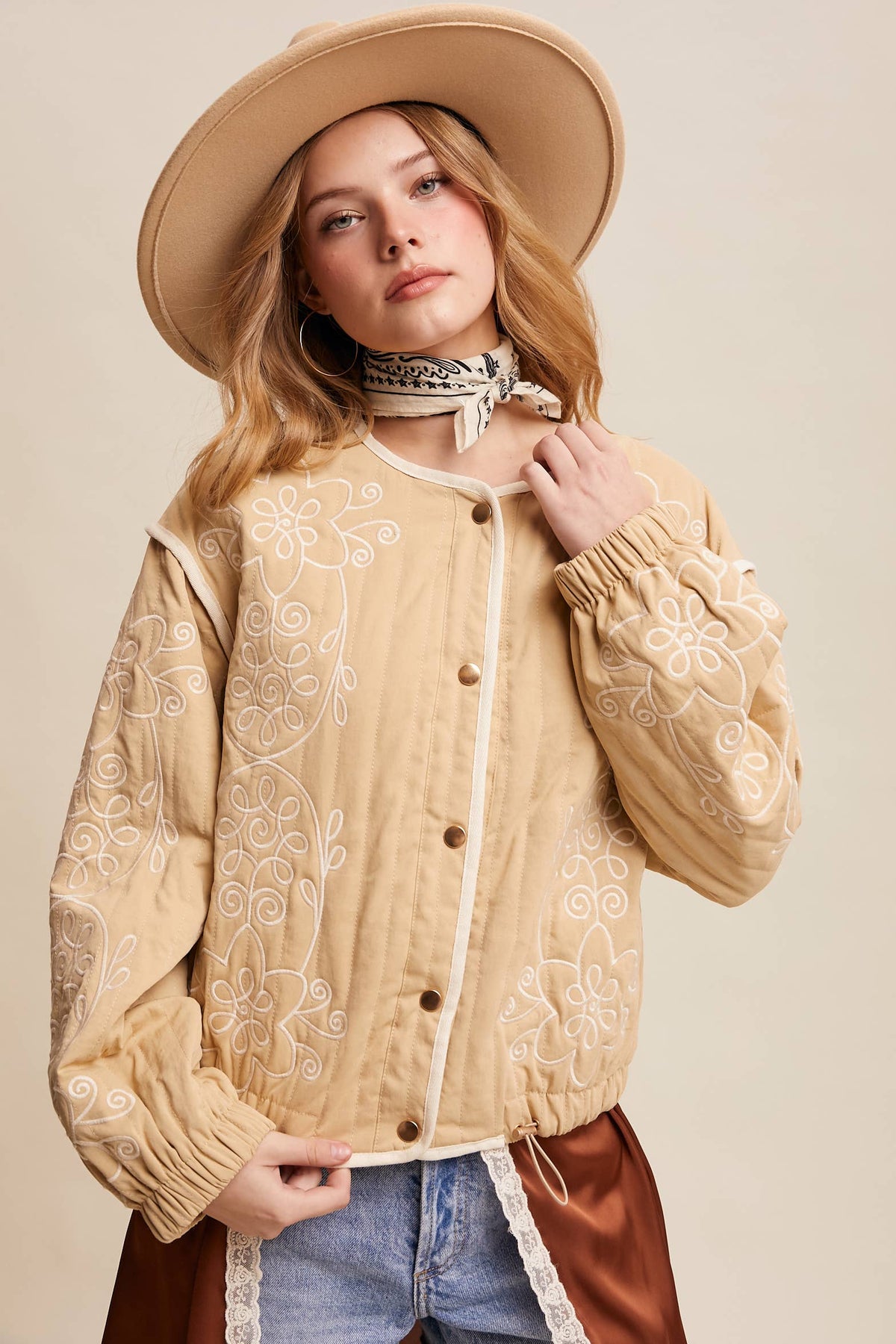 Embroidered Quilted Western Jacket LJ0260: Butter Cream