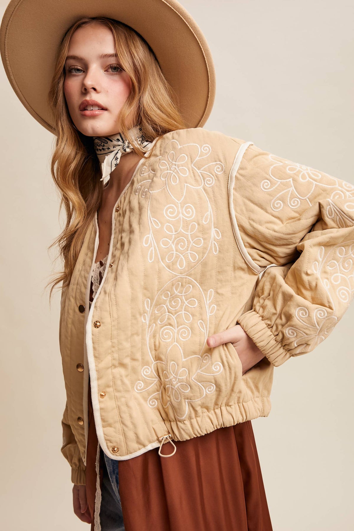 Embroidered Quilted Western Jacket LJ0260: Butter Cream