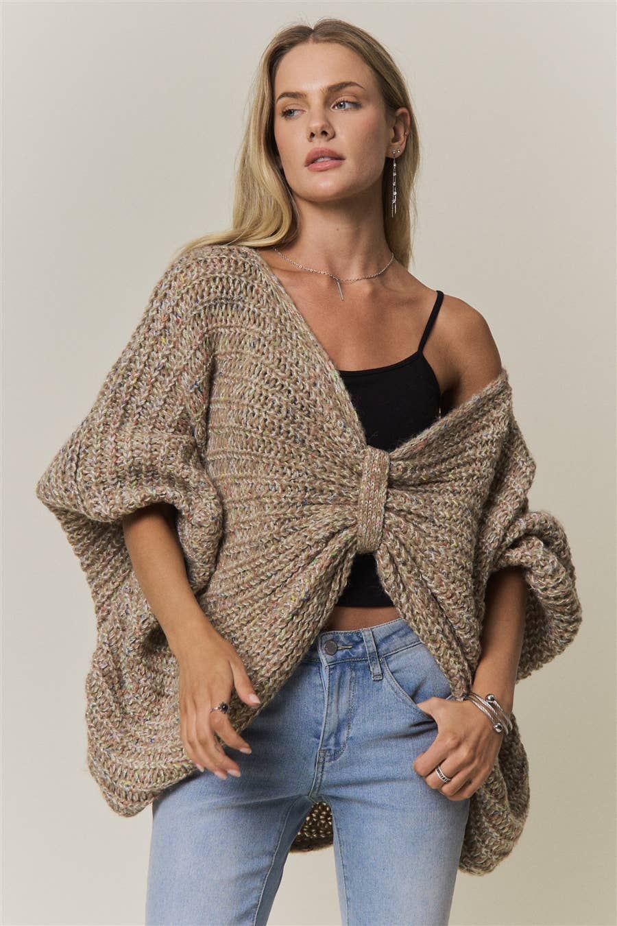 CONVERTIBLE CHUNKY KNIT CINCHED CARDIGAN - CESW4418: COFFEE LATTE / SM-ML(3-3)