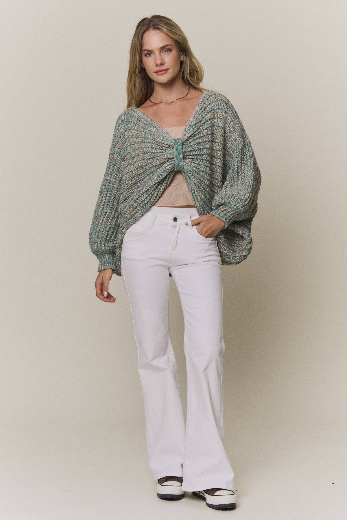 CONVERTIBLE CHUNKY KNIT CINCHED CARDIGAN - CESW4418: COFFEE LATTE / SM-ML(3-3)