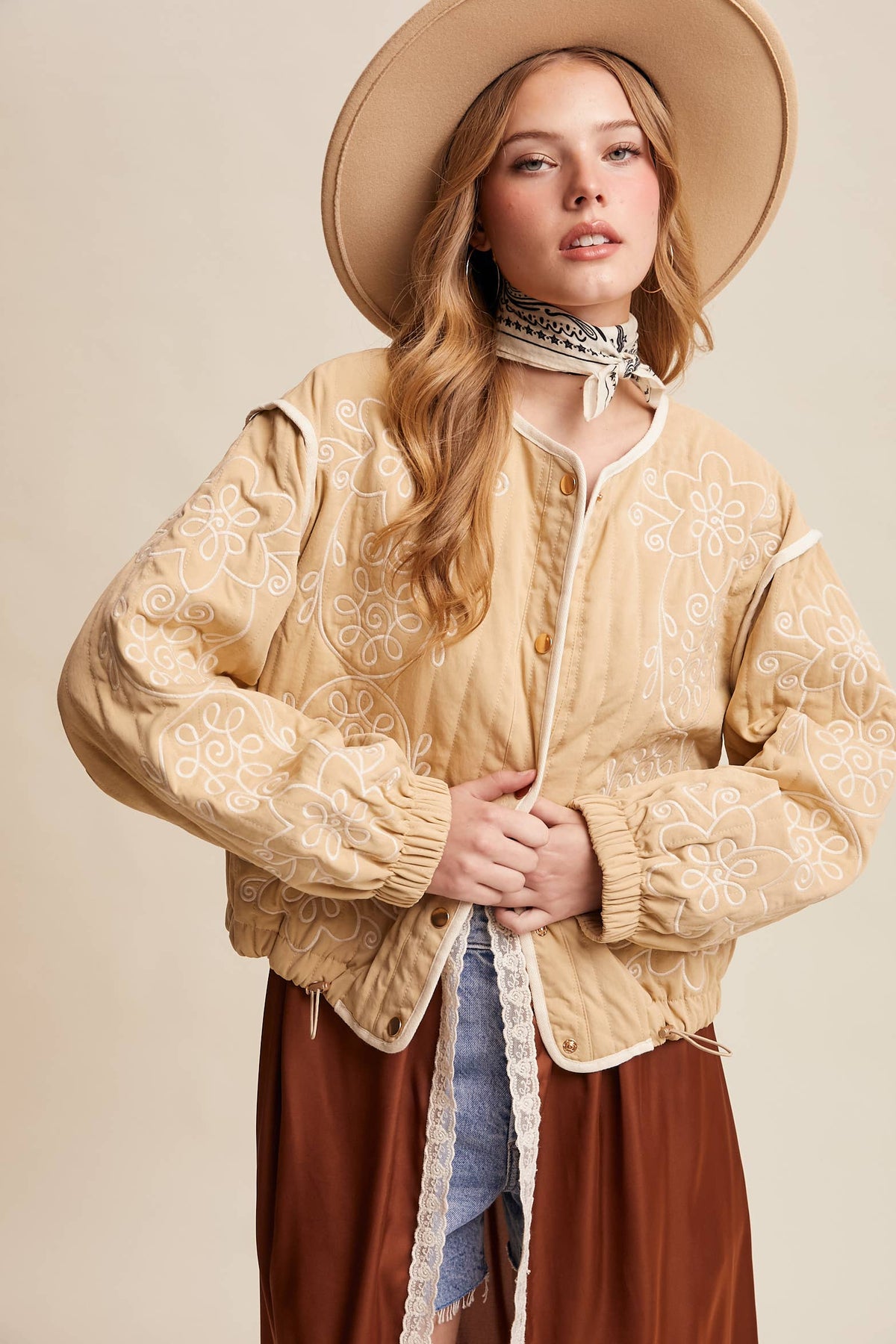 Embroidered Quilted Western Jacket LJ0260: Butter Cream