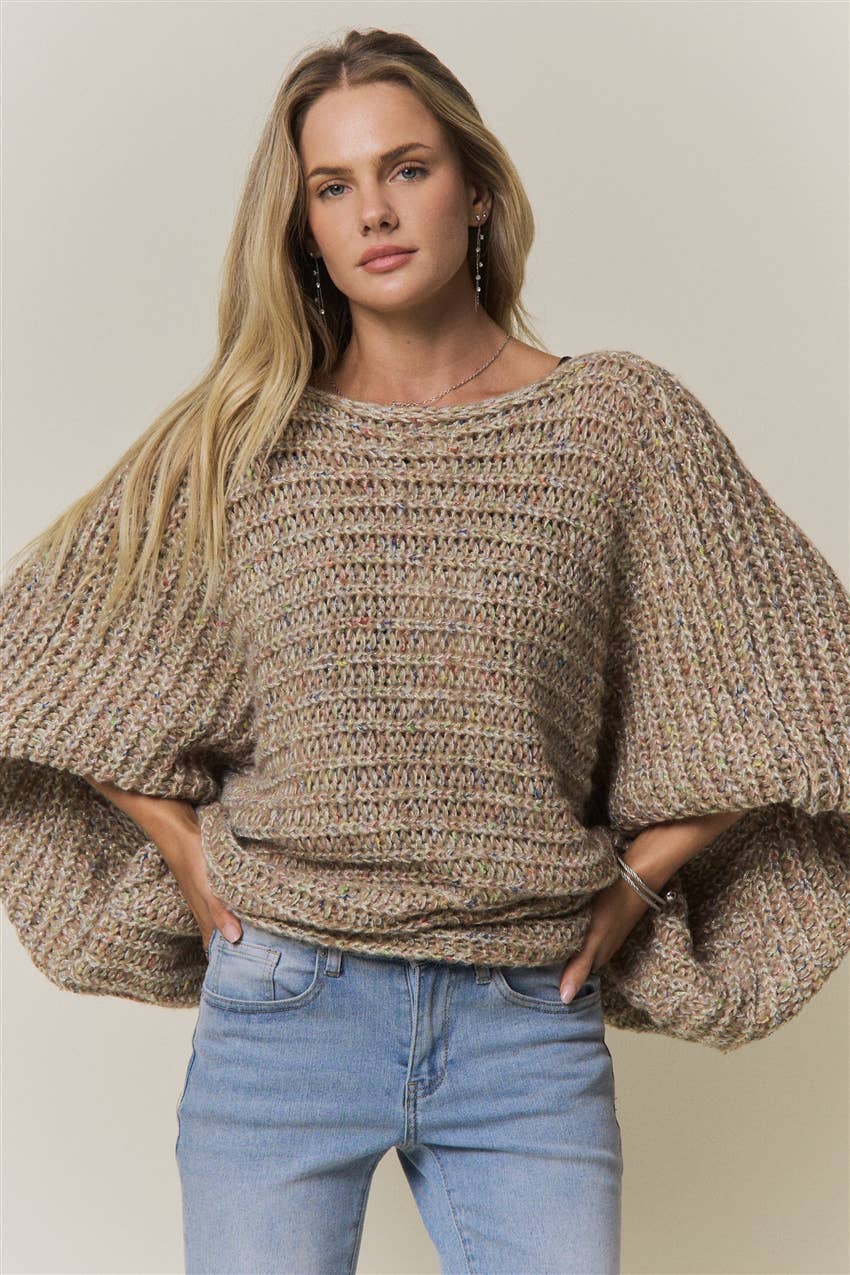 CONVERTIBLE CHUNKY KNIT CINCHED CARDIGAN - CESW4418: COFFEE LATTE / SM-ML(3-3)